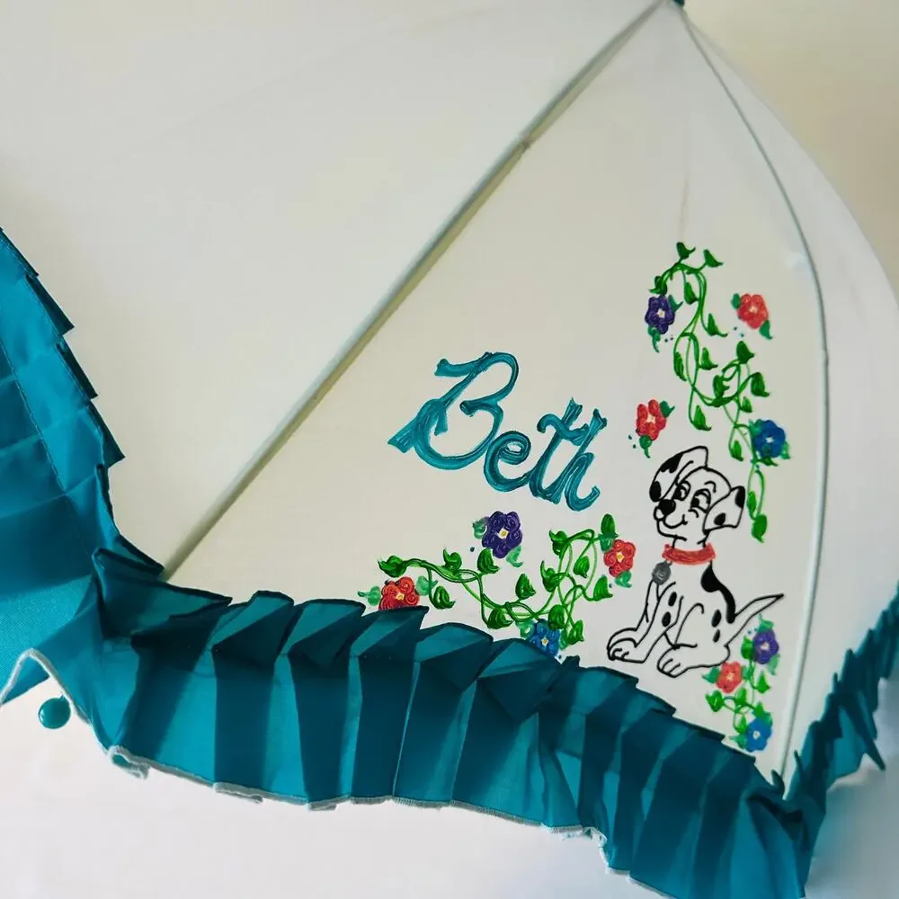 Vintage 'Beth' Dalmatian Custom Painted Blue Ruffle Trim Umbrella